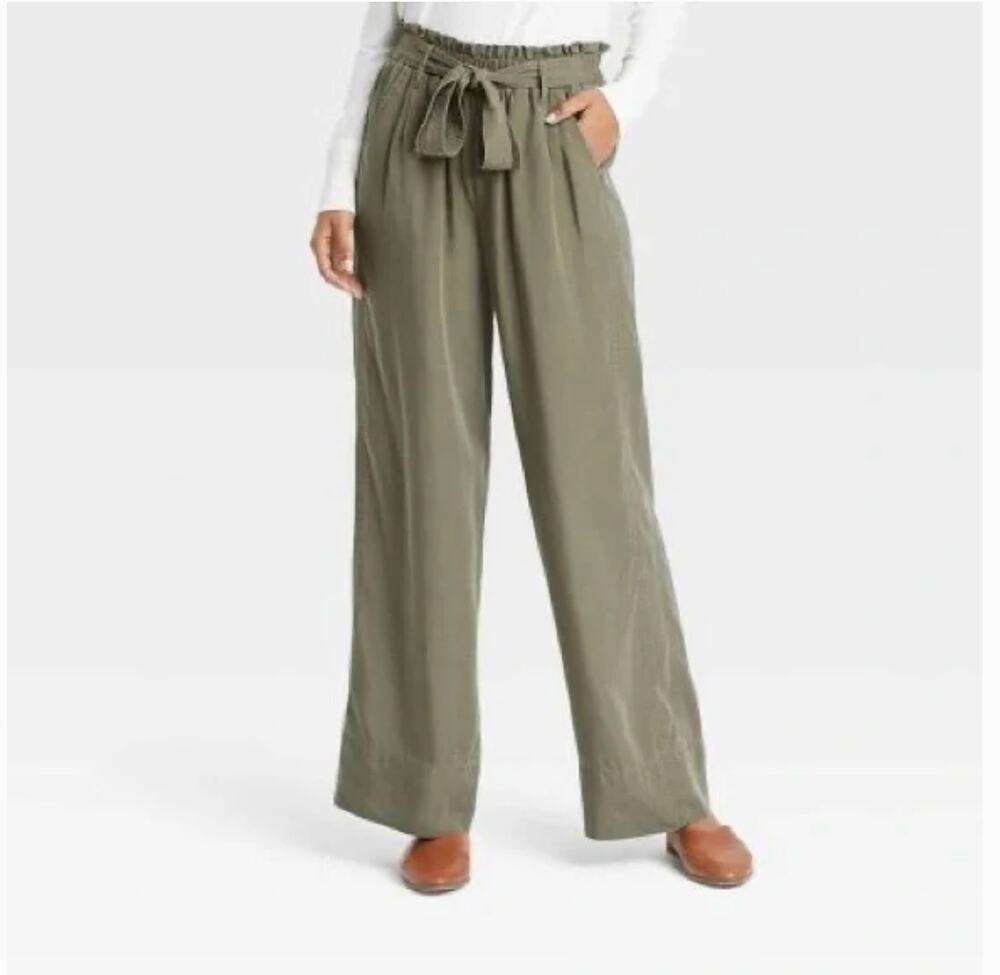 Thread & Supply Paper Bag Wide Leg High Waist Pants L Trousers Olive Green